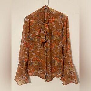 Forever 21 Bell Sleeve Floral Butterfly Print Blouse Large